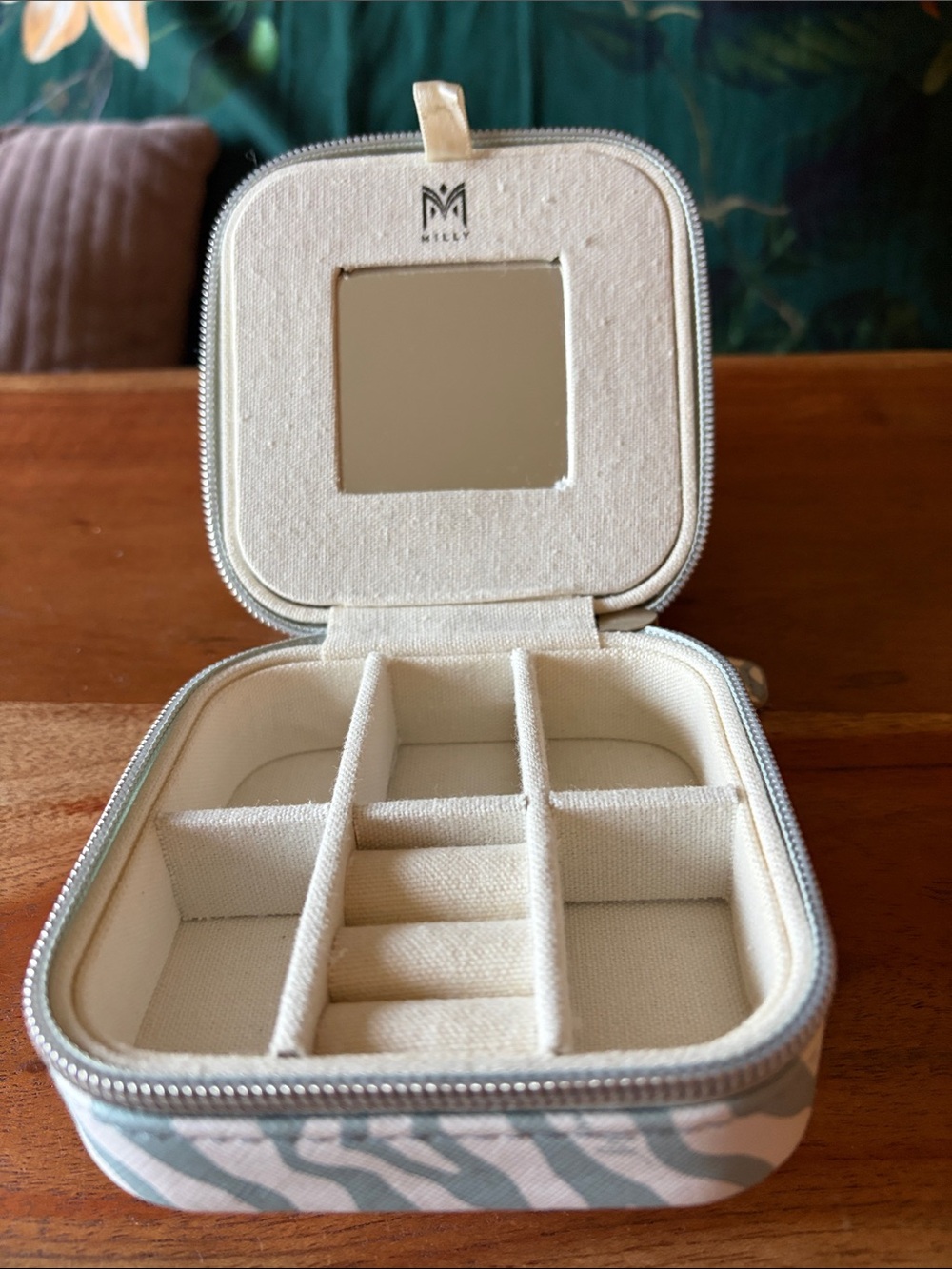 Milly Cream and Light Blue Striped Travel Jewelry Organizer
